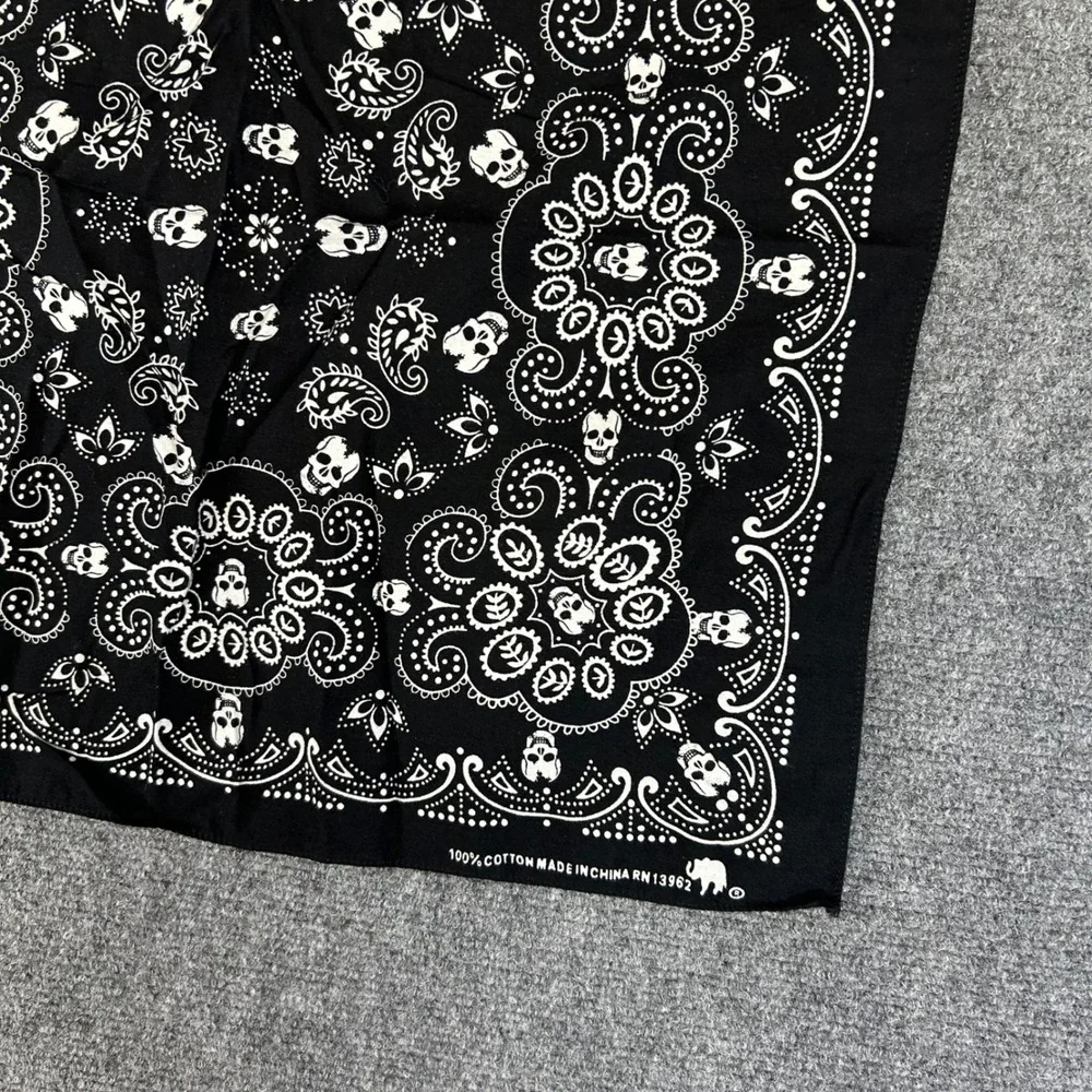 Vintage Style Skull Paisley Bandana Black White 100% Cotton Biker Headwrap